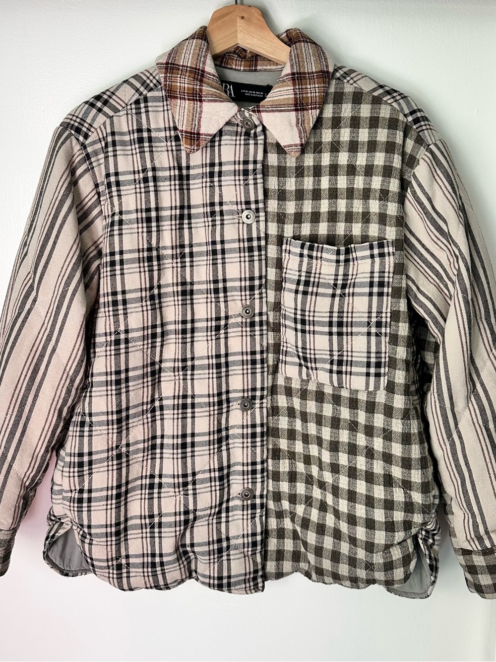 Zara Patchwork Plaid Puffer Jacket - Cream, Black, Brown